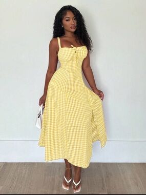 Yellow Gingham Tie-Front Midi Dress
